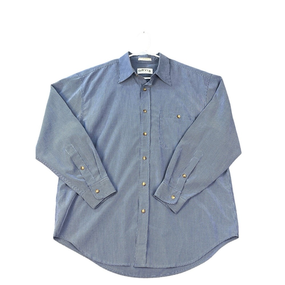 ORVIS MENS BLUE CHECK BUTTON UP LONG SLEEVE SHIRT LARGE LYOCELL POLYESTER CASUAL